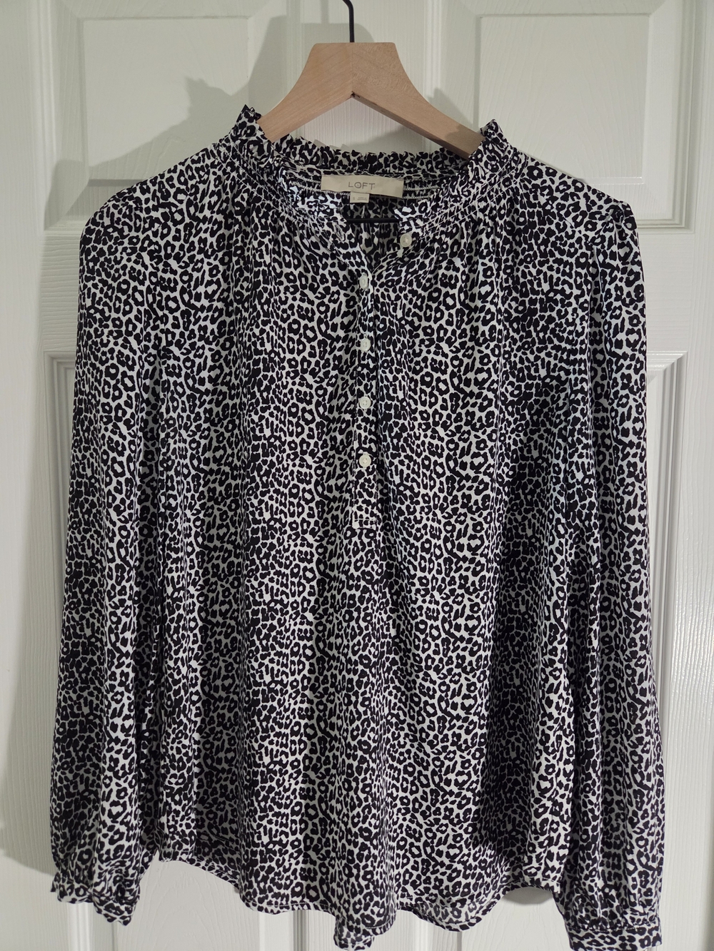 LOFT Black and White Leopard-Print Ruffle Neck Blouse